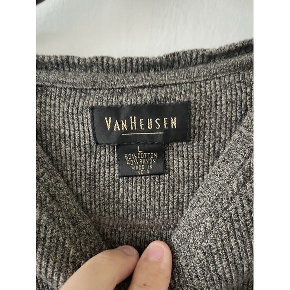 Van Heusen Charcoal Gray V-Neck Ribbed Knit Sweater Pullover Top Size L Cotton - Picture 4 of 5